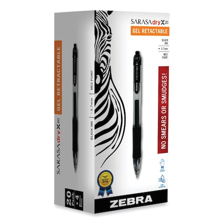Zebra Pen Sarasa Dry Gel X20 Gel Pen, Retractable, Medium 0.7 mm, Black Ink, Clear/Black Barrel, PK24 14680